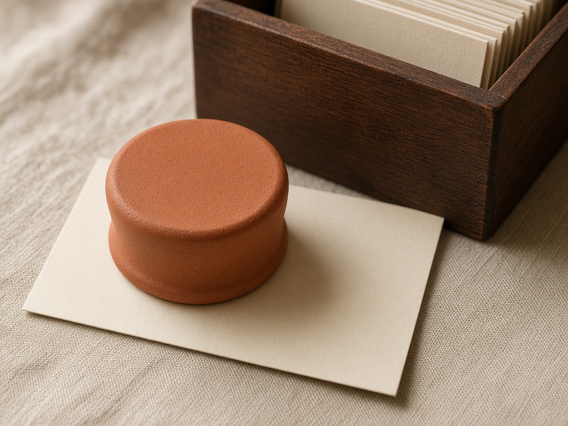 Terracotta stempel op een papieren kaart naast de klapper.