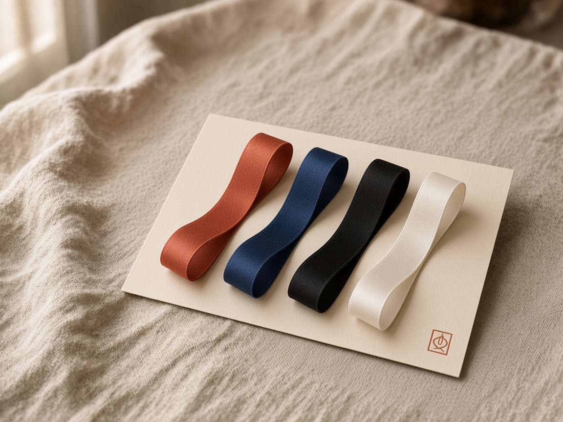 Vier zijden linten op een kaart — terracotta, blauw, zwart en wit — op linnen.